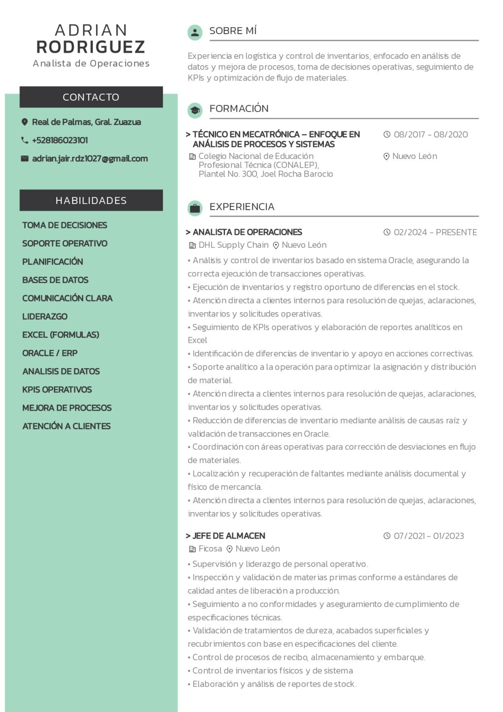 Crea un curriculum para Analista de Operaciones en Real de Palmas, Gral ...