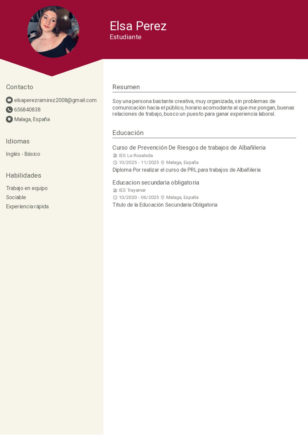 Crea un curriculum para Estudiante en Malaga, España
