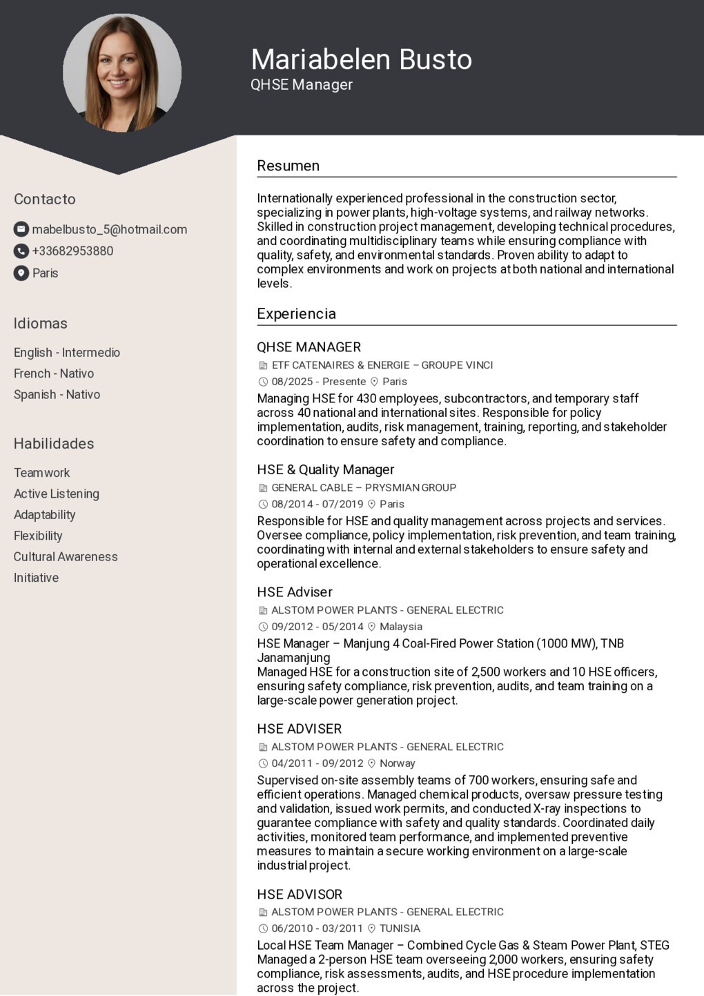 Crea un curriculum para QHSE Manager en Paris