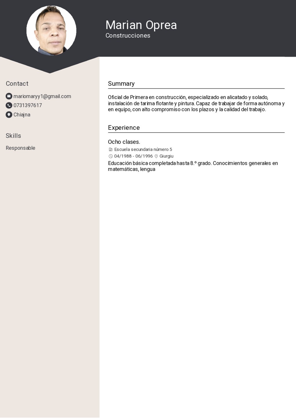 Example resume for Construcciones in Chiajna
